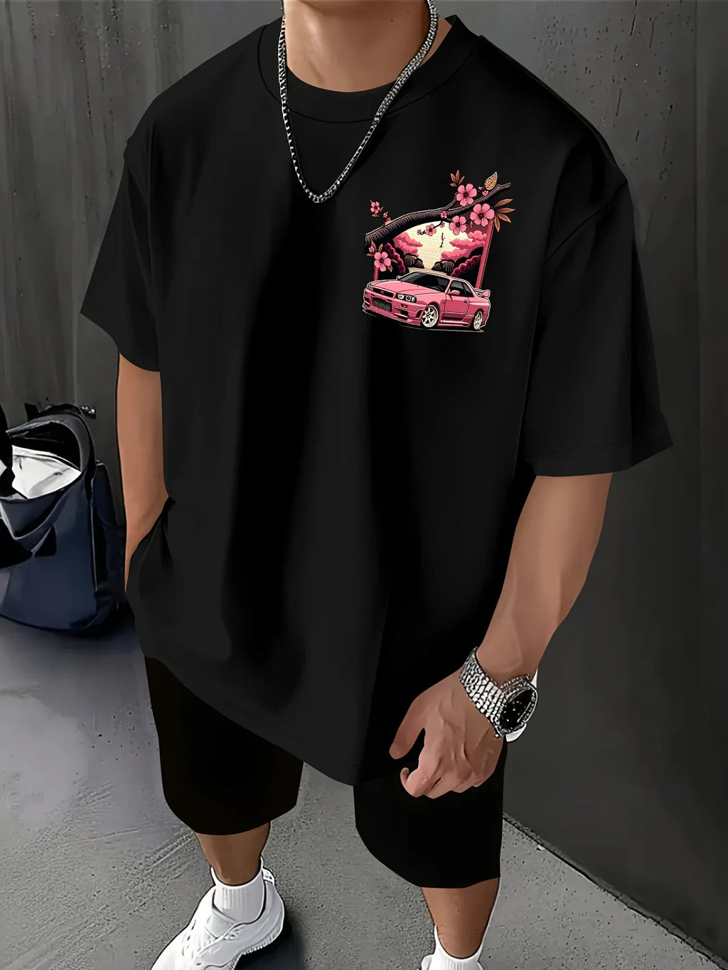 تيشيرت رجالي ياباني برسومات سباقات، تيشيرت ساكورا موتورسبورت، تيشيرت فضفاض بطبعة أزهار الكرز، تيشيرت مطبوع من الخلف، مناسب لفعاليات الانجراف، ملابس الشارع