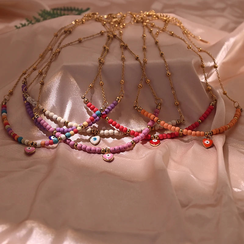 عقد على شكل قلب من خرز Y2K، سلسلة من الفولاذ المقاوم للصدأ باللون الذهبي، مقاوم للتشويه، مناسب للنساء، مجوهرات صيفية