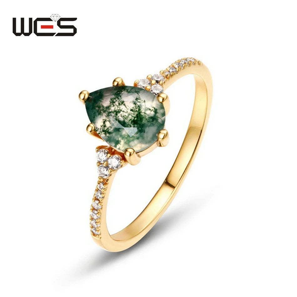 خواتم خطوبة فريدة من نوعها من الفضة الإسترليني عيار 925 من WES مقاس 7*9 مم مصنوعة من العقيق الطحلب الطبيعي للنساء، مجوهرات غابة بوهو، هدية لها بالجملة