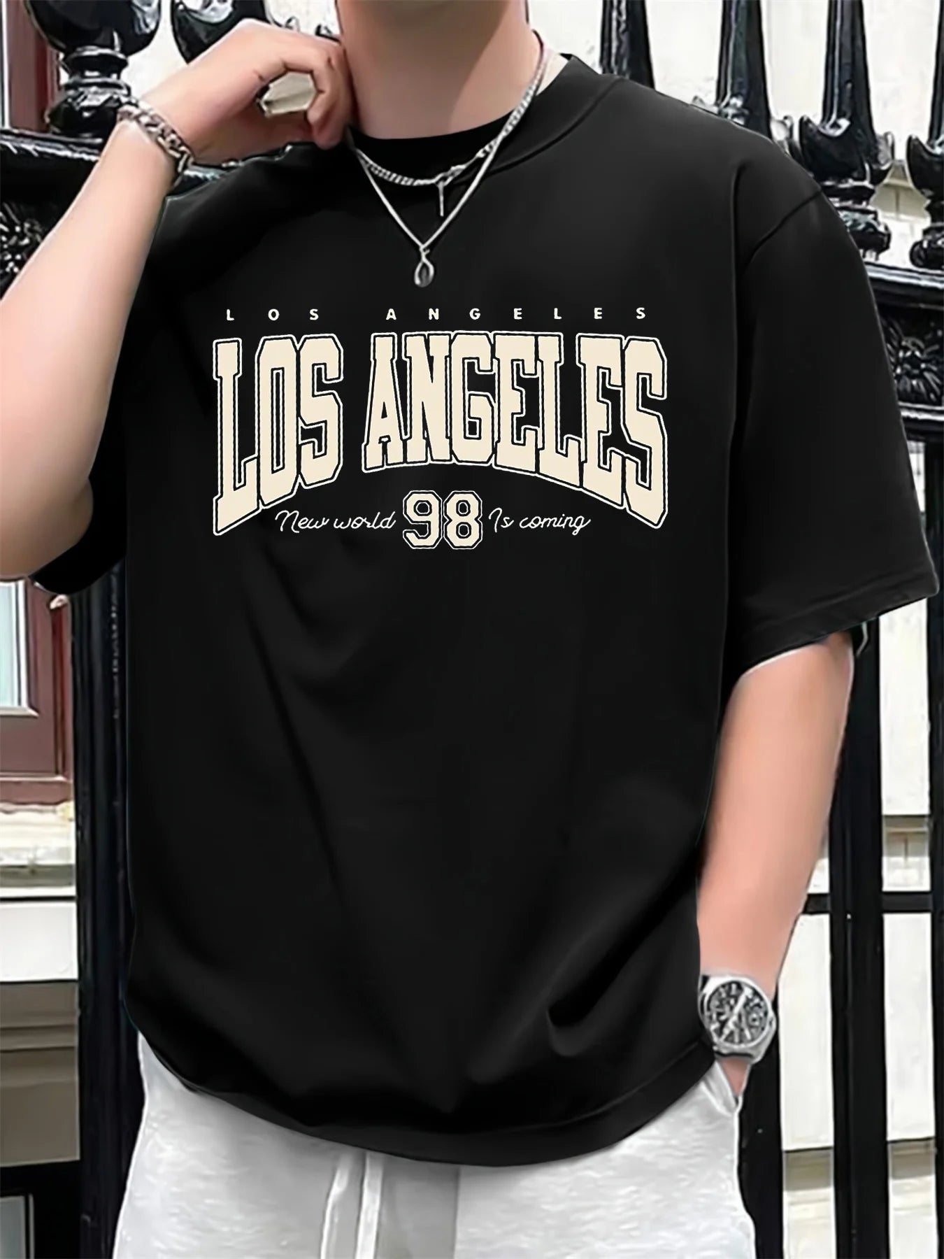 Men's summer 100 cotton fashionable casual loose plus size Los Angeles 98 printed sports round neck short sleeved T-shirt top