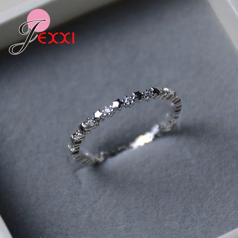 خاتم فاخر أصلي رقيق من الفضة الخالصة عيار 925 بتصميم نجوم إبرية، مرصع بأحجار الزركونيا المكعبة الشفافة الأصلية، هدية زفاف مثالية للنساء