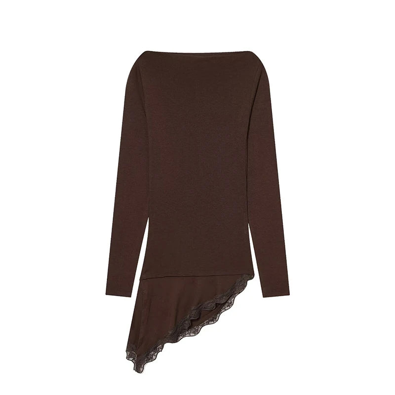 تي شيرتات نسائية ربيع خريف موضة تي شيرتات بحافة من الدانتيل للنساء غير متماثلة ملابس الشارع بأكمام طويلة وقمصان كاجوال رفيعة