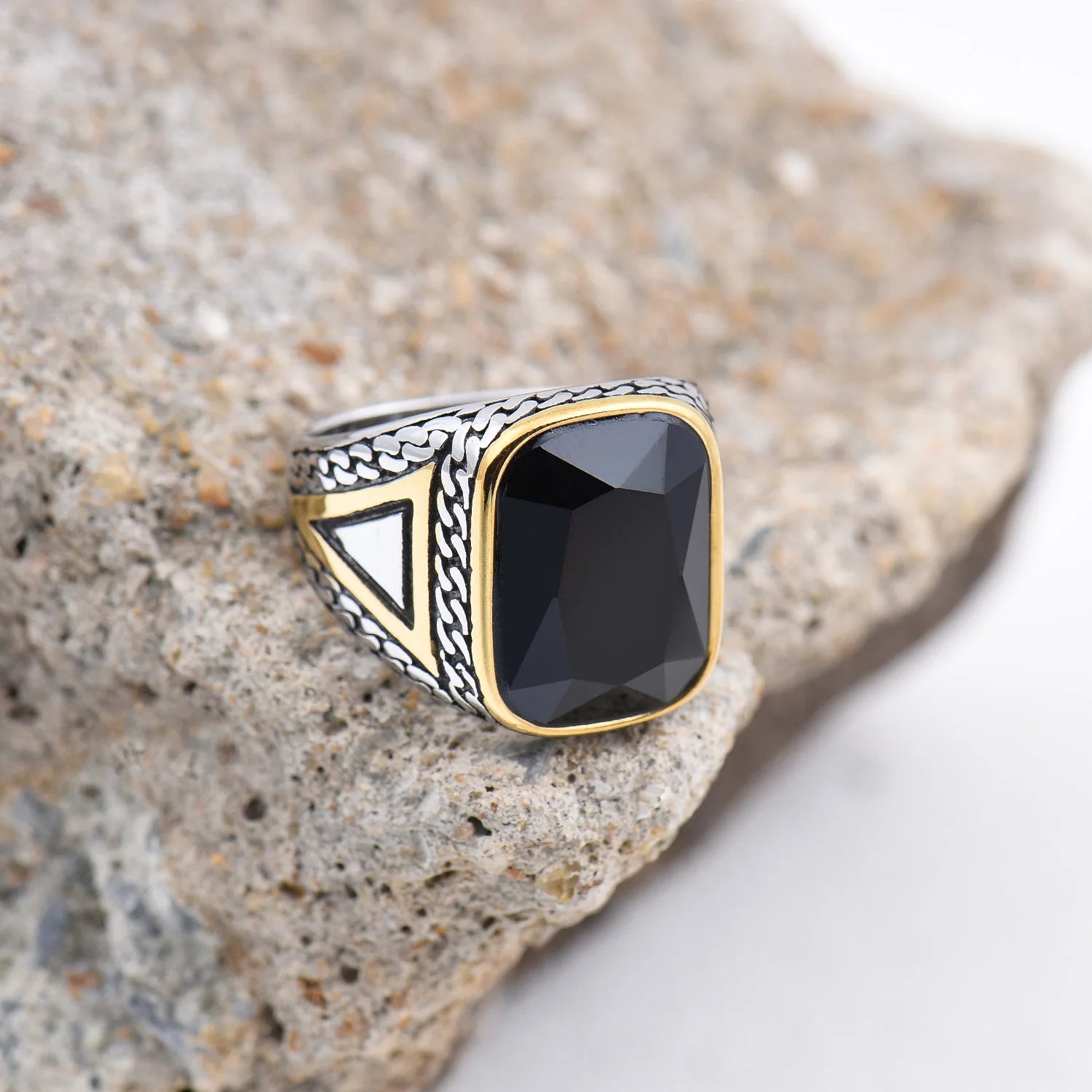 R3427 خواتم رجالية عالية الجودة من الفولاذ المقاوم للصدأ 316L مرصعة بأحجار العقيق الأسود المتنوعة، مجوهرات عصرية
