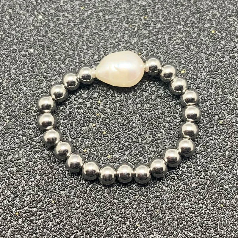 خاتم أنيق من لؤلؤ المياه العذبة مع خرز من الفولاذ المقاوم للصدأ، خواتم زفاف عصرية مصنوعة يدويًا للنساء والفتيات، متوفرة بالجملة