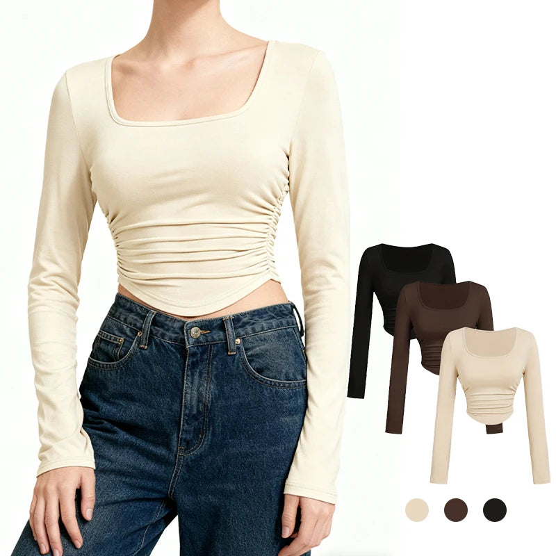 مجموعة من 3 قطع من قمصان الخريف والشتاء النسائية بأكمام طويلة وقمصان قصيرة موضة خريف 2025، رقبة مربعة، ملابس أساسية للخروج، تيشيرتات مناسبة لفصل الربيع والصيف