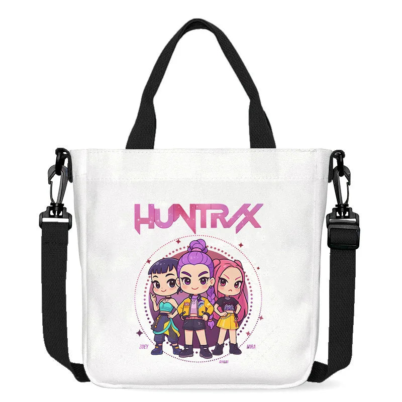 حقيبة قماشية للفتيات بتصميم صيادي أنمي شياطين من كيبوب، حقيبة يد مربعة أرجوانية بسيطة، حقيبة كتف متقاطعة، هدية عيد ميلاد