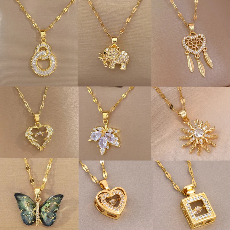 قلادة زاكول الكلاسيكية من الفولاذ المقاوم للصدأ بلون ذهبي للنساء، مزينة بقلادة على شكل قلب هندسي مرصعة بالزركون اللامع، هدية مجوهرات