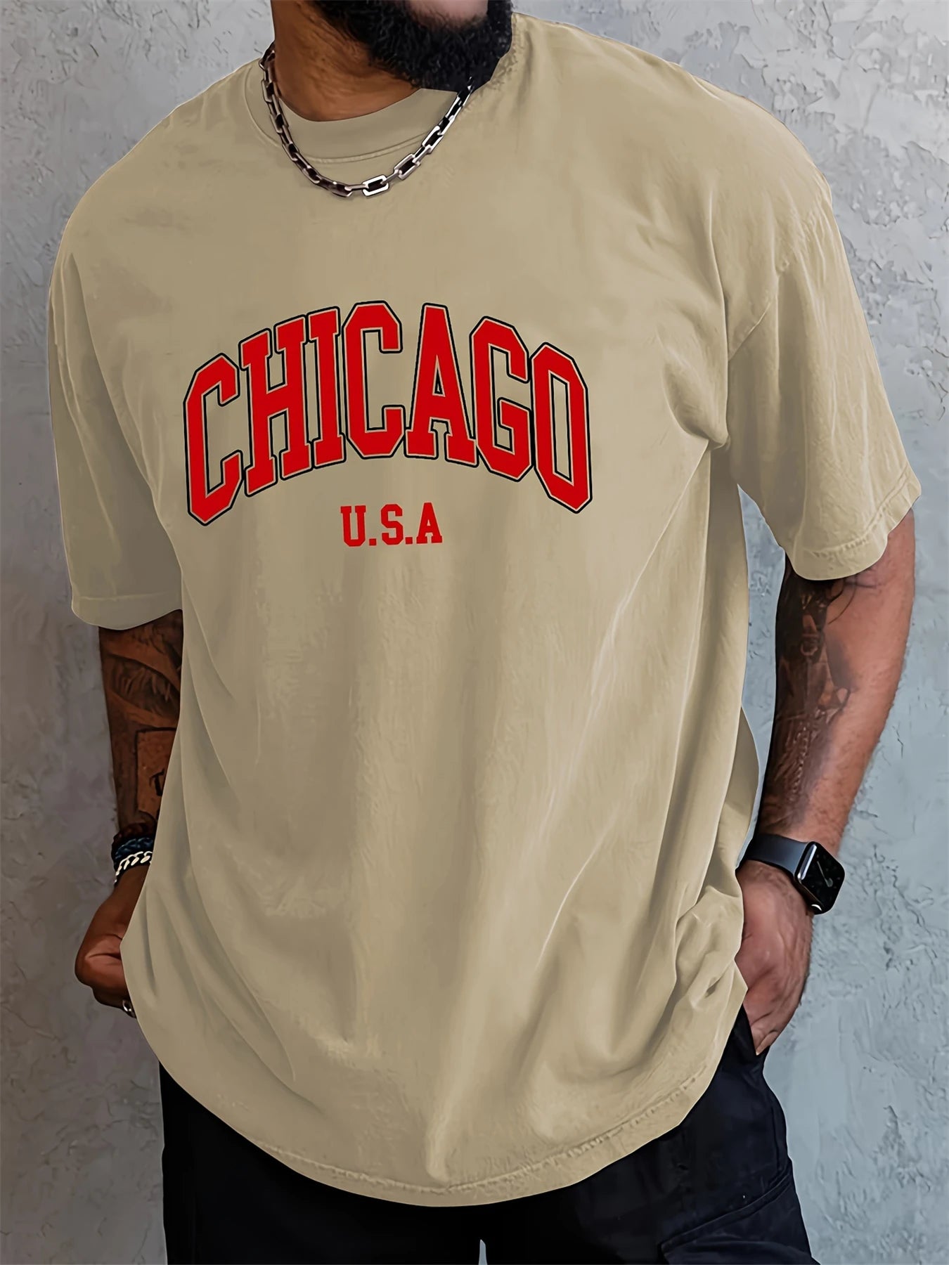 Men's summer 100 cotton fashionable casual loose plus size Chicago USA printed sports round neck short sleeved T-shirt top