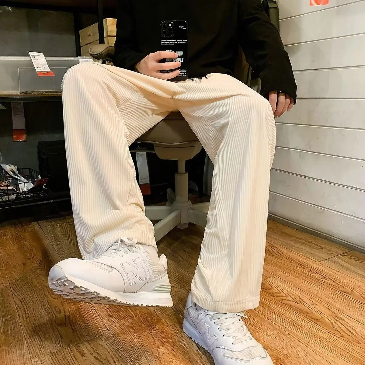 2023 Autumn Winter New Corduroy Fleece Straight Leg Casual Pants Men Solid Waist Drawstring Pocket Loose Versatile Warm Trousers