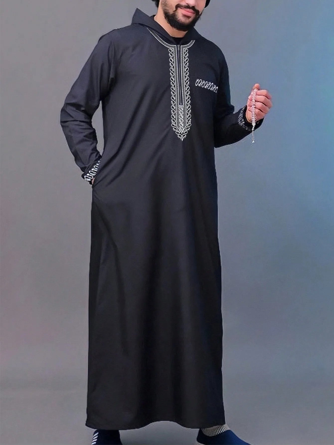 Men's Ethnic Pattern Embroidery Zipper Hooded Robe Traditional Long Sleeve Pocket Jubba Thobe for Daily Wear Man Islamic Thobe