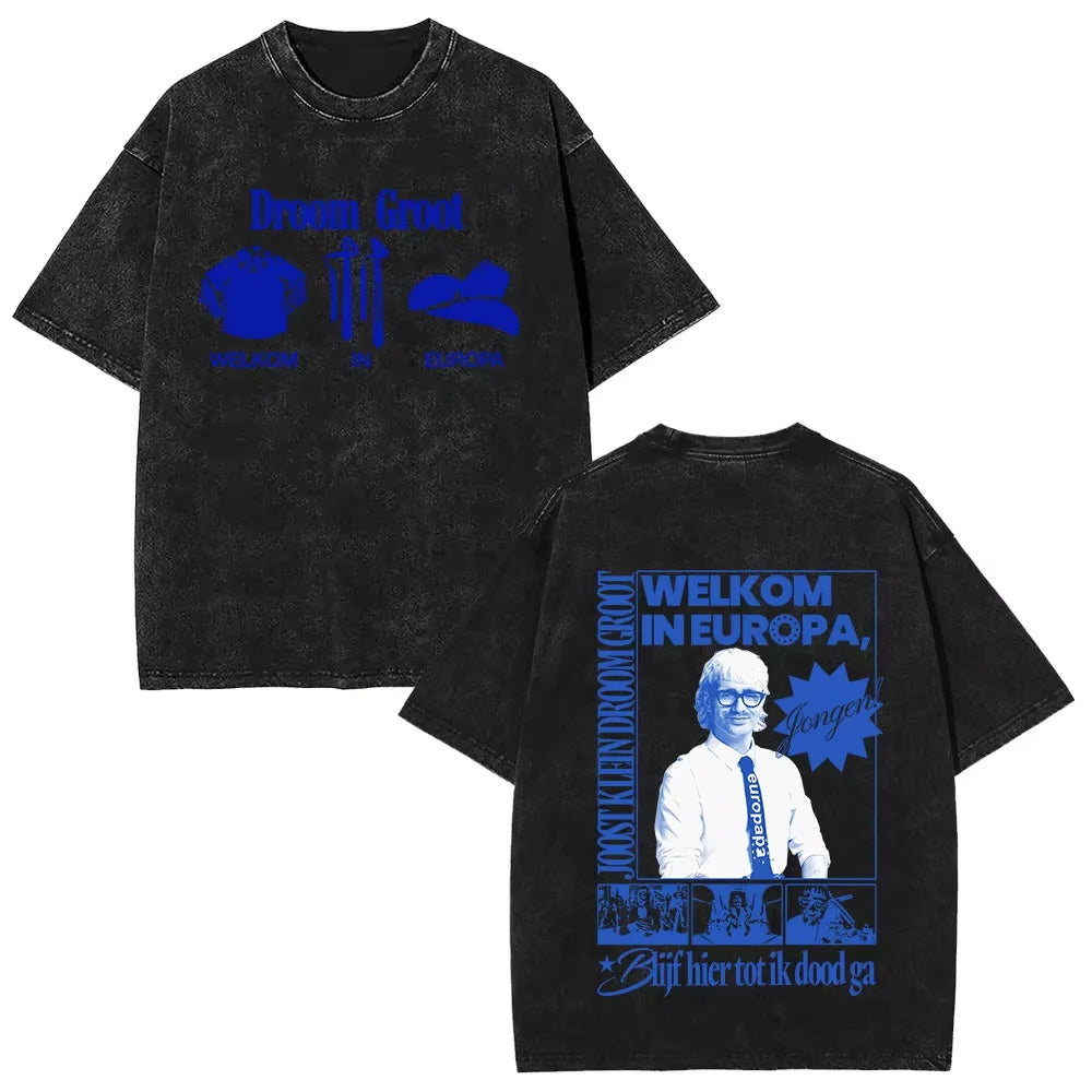 تي شيرت رجالي صيفي 2025 مطبوع عليه شعار جوست كلاين بتصميم ريترو مغسول، تي شيرت يوروبا، تي شيرت رجالي كاجوال من القطن الخالص بتصميم هيب هوب، مقاس كبير