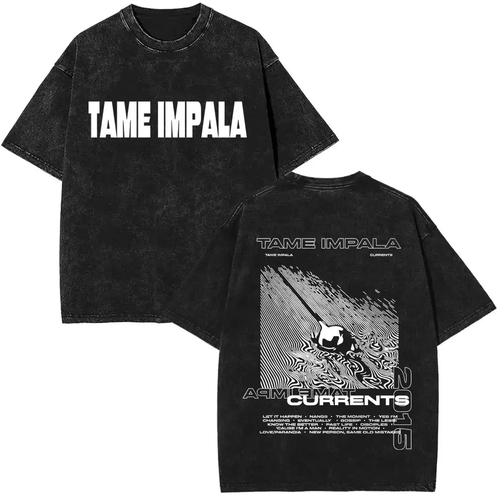 تي شيرت رجالي كاجوال فضفاض بأكمام قصيرة من القطن مطبوع عليه عبارة VintageWashed Pop Rock Band Tames Impala Current Graphic Print
