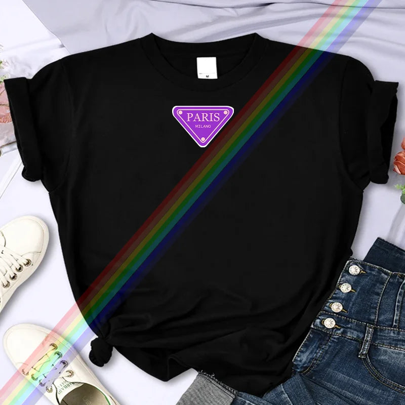 تي شيرت نسائي صيفي عالي الجودة مطبوع عليه باريس من ماركة فاخرة، مصنوع من القطن بنسبة 100%، مقاس كبير، بأكمام شخصية Y2K، ورقبة دائرية