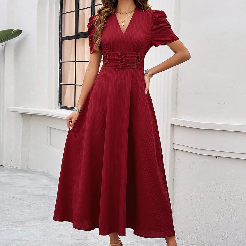 Solid Color Casual Slim Long Dresses For Women Fashion Summer Women's Puff Sleeve A Line Midi Dress Elegant Vintage Female Dress