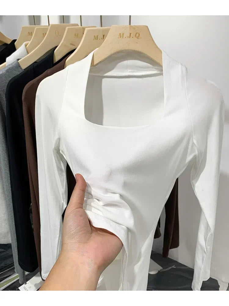 تي شيرت نسائي مرن تي شيرت صيفي ملابس نسائية قميص ربيعي مثير تي شيرت نحيف نسائي قطني بأكمام طويلة قطع علوية قصيرة