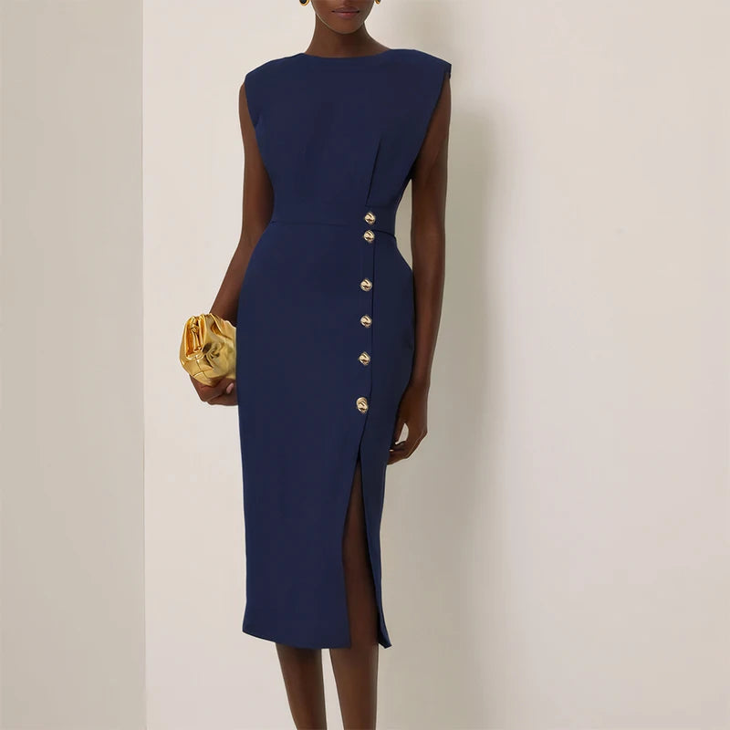Women's Solid Sleeveless Slim Fit Midi Dress Women Summer Party Dress Lady Office Dress Elegant Button Split Up Evening Dresses