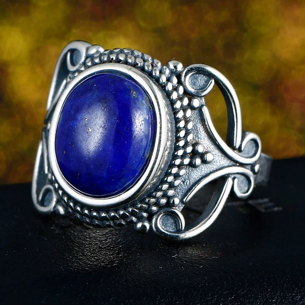 خاتم فضة عيار 925 مرصع بحجر اللازورد الطبيعي الكبير بيضاوي الشكل، مناسب للنساء والرجال، هدية مميزة، خاتم عتيق كبير الحجم، مجوهرات فاخرة بالجملة