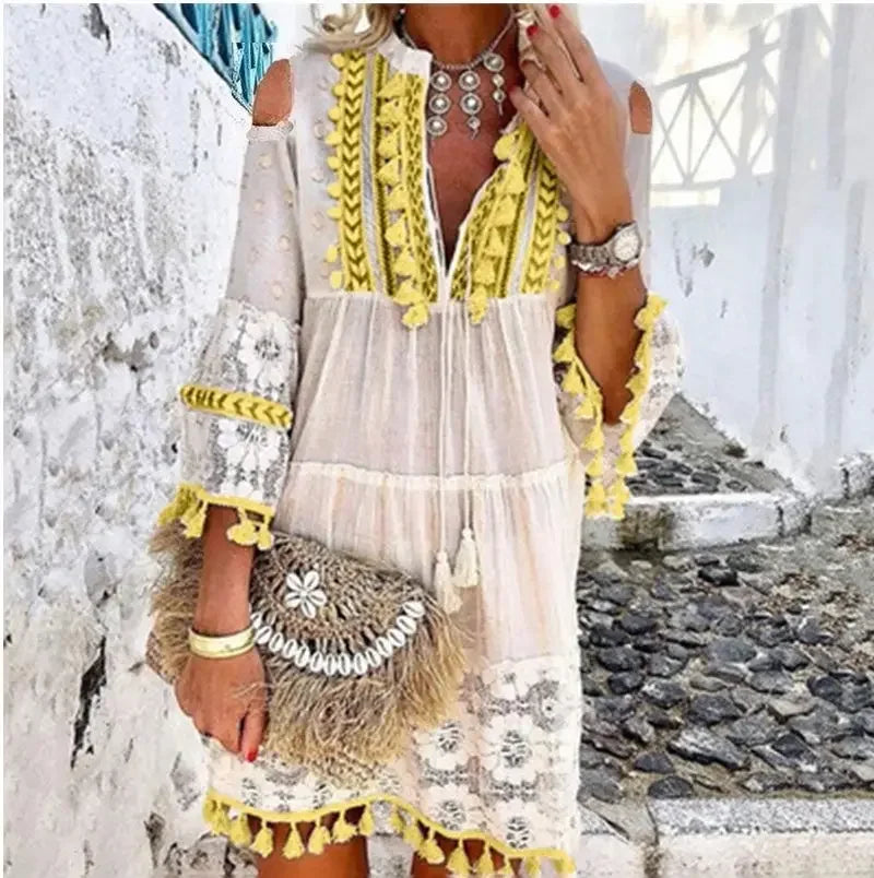 Spring Large Size Women Dress Lace White V-neck Lace Tassel Casual Dresses Female New Casual Elegant Fashion Ladies Clothes
