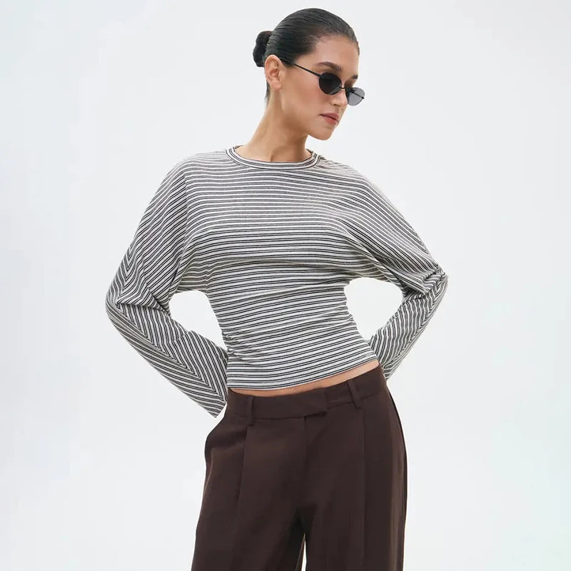 تيشيرت نسائي جديد من CUTENOVA، مخطط، بياقة دائرية، مثير، متعدد الاستخدامات، ضيق، بأكمام طويلة، قطعة علوية أنيقة، ملابس الشارع، تيشيرت كاجوال