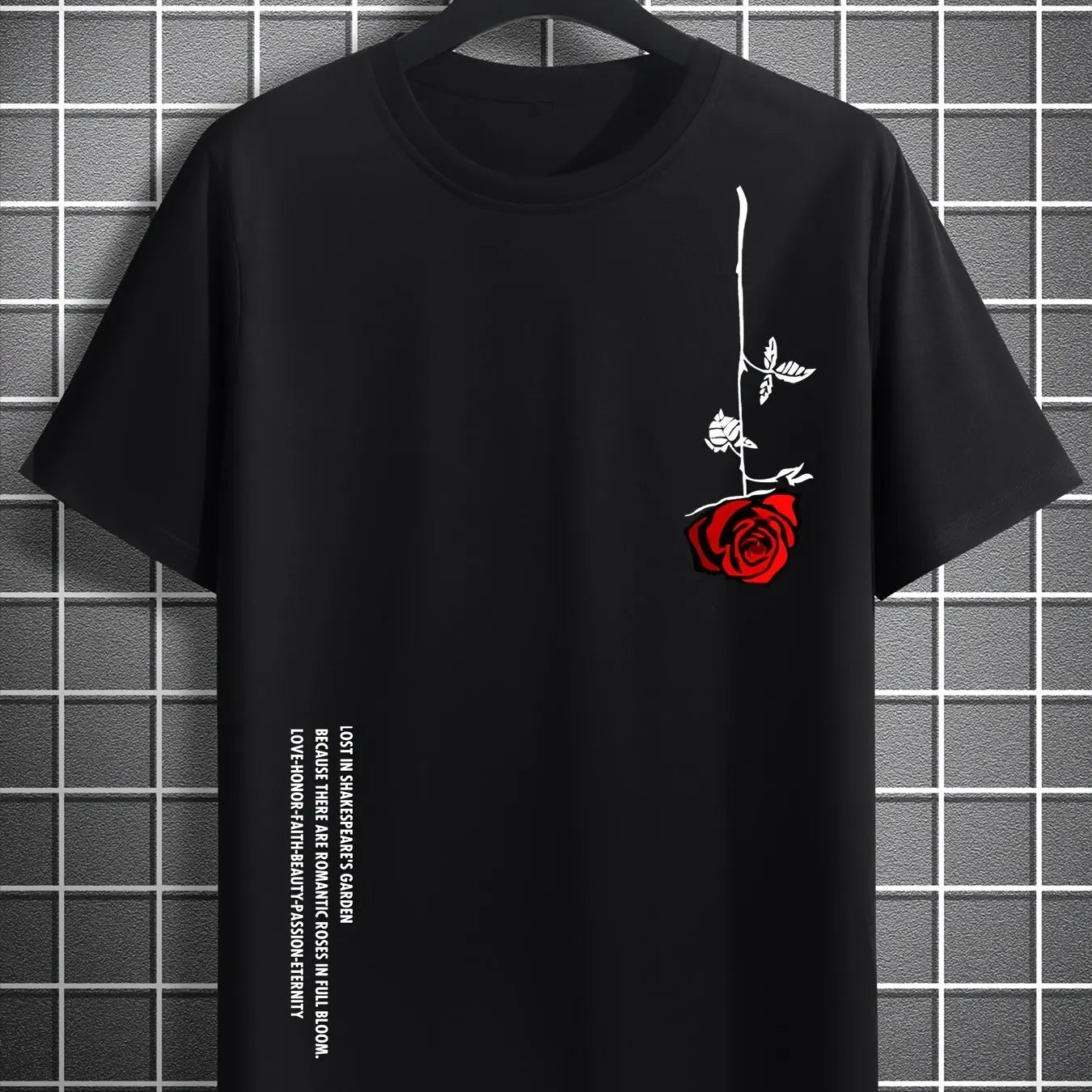 تيشيرت رجالي صيفي فضفاض، مصنوع من القطن بنسبة 100%، بطبعة ورود، بقصة ضيقة، وياقة دائرية، وأكمام قصيرة.