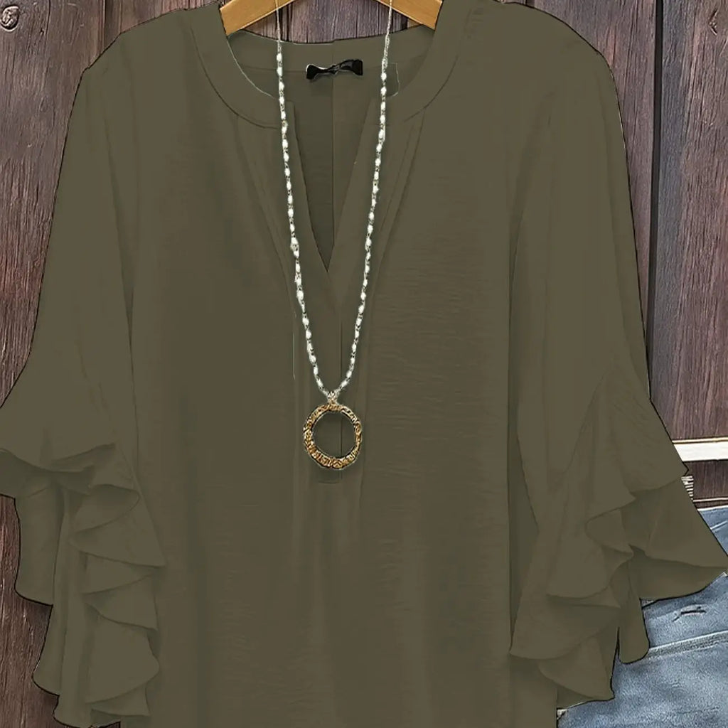 بلوزة نسائية بلون سادة أنيقة كاجوال بأكمام 3/4 وفتحة رقبة على شكل حرف V وبلوزات عادية مكشكشة للاستخدام اليومي باللون الأسود والأبيض والوردي والأخضر العسكري والصيف