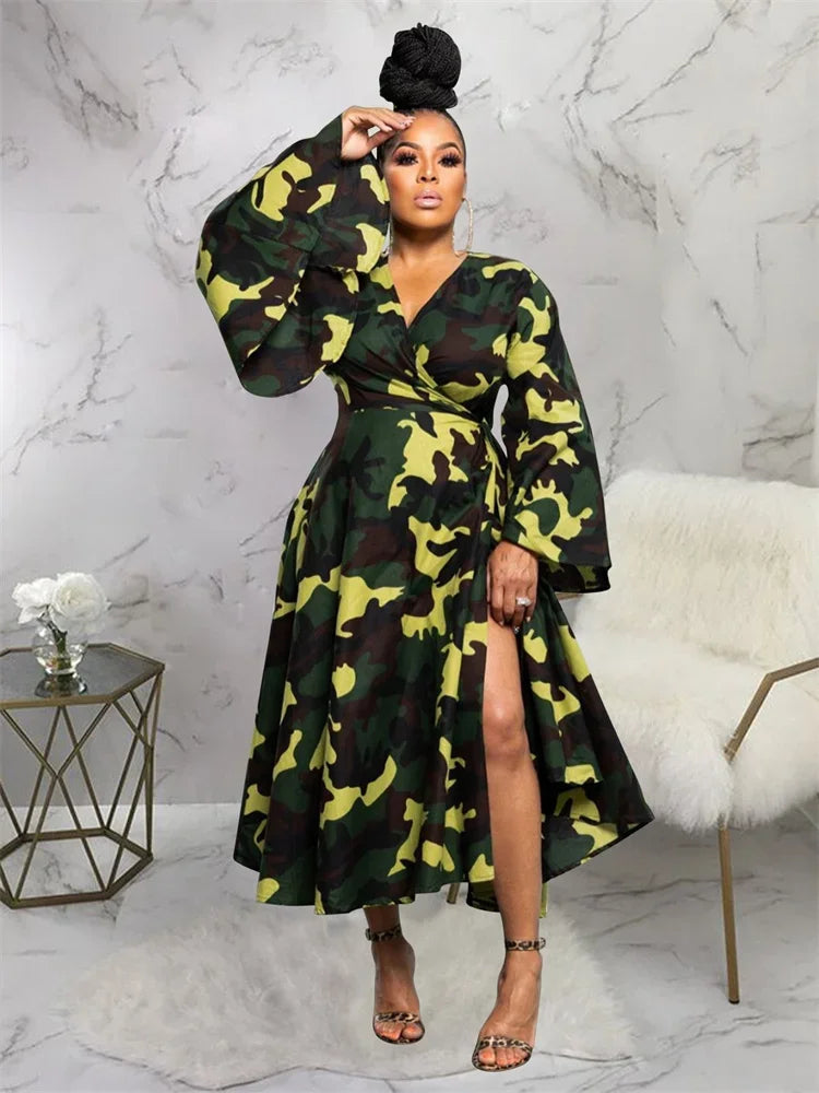 Plus Size Dresses for Women V Neck Elegant Lady Print Loose Sexy Flared  Long Sleeve Fall Maxi Dress Wholesale Dropshipping 2024
