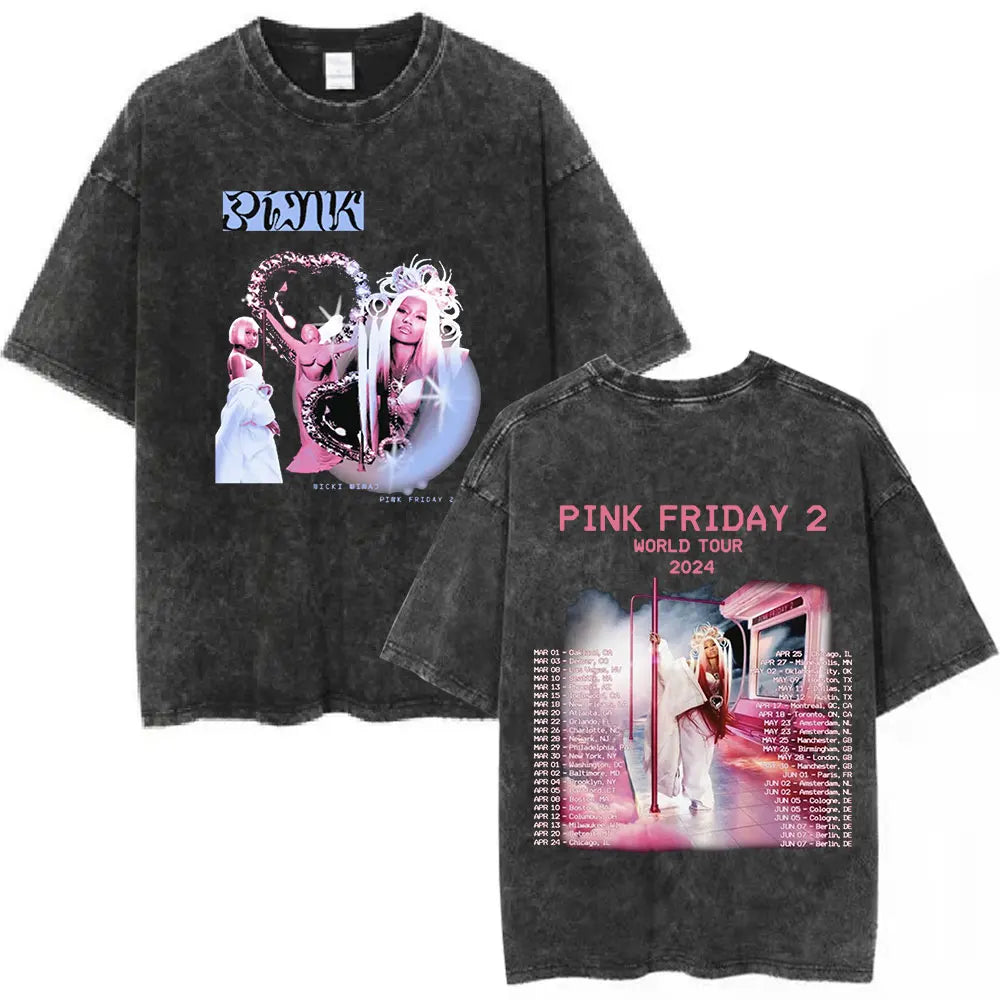 تي شيرت نيكي ميناج بينك فرايداي 2 وورلد تور القديم المغسول للرجال والنساء من القطن غير الرسمي فضفاض وكبير الحجم هدية للمعجبين ملابس الشارع