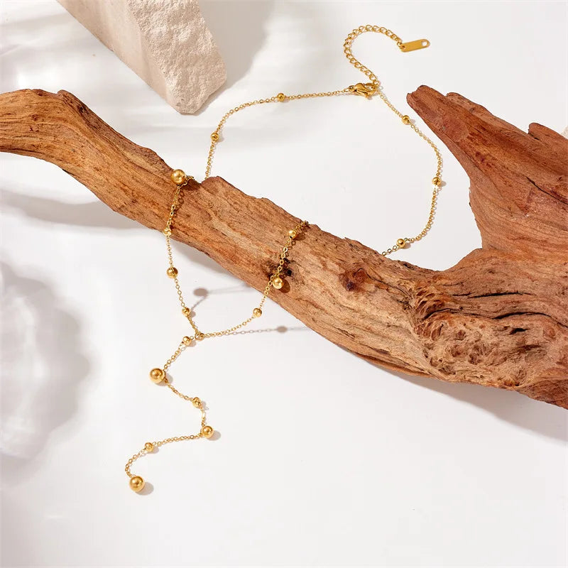 316L Stainless Steel Gold Color Beads Long Pendant Necklace For Women Fashion Choker Clavicle Chain Jewelry Gift Wedding