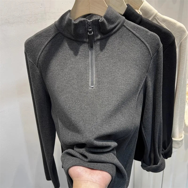 بلوزة نسائية بأكمام طويلة وياقة قائمة وسحاب شبه مرتفع مع طبقة أساسية من الصوف لفصل الخريف والشتاء