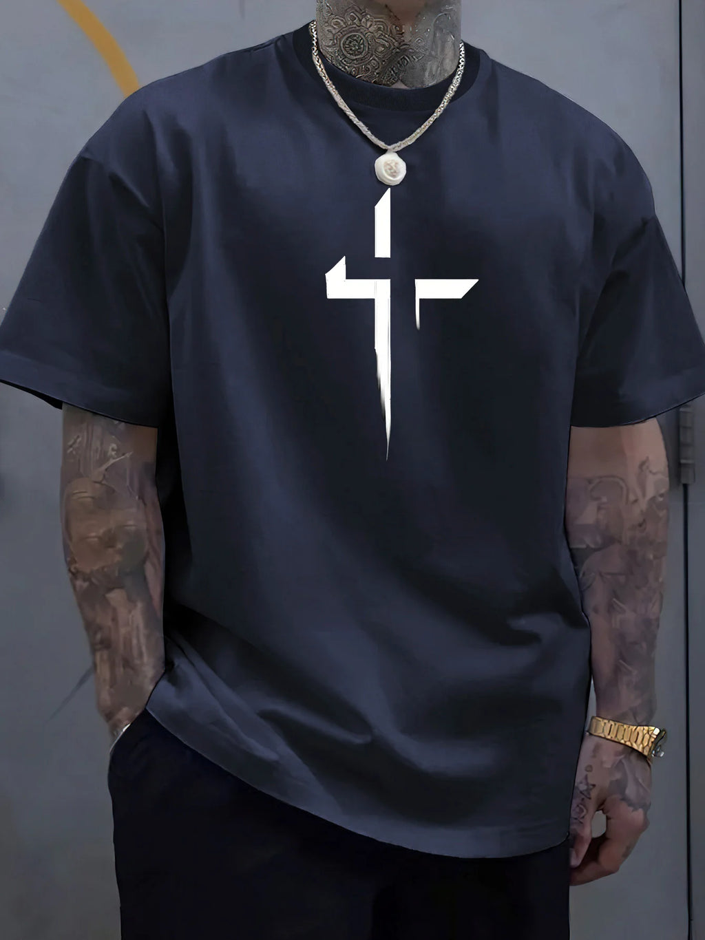 تيشيرت صيفي رجالي قطني 100%، فضفاض، بمقاسات كبيرة، مطبوع عليه شعار Cross Creative، مريح، بياقة دائرية وأكمام قصيرة