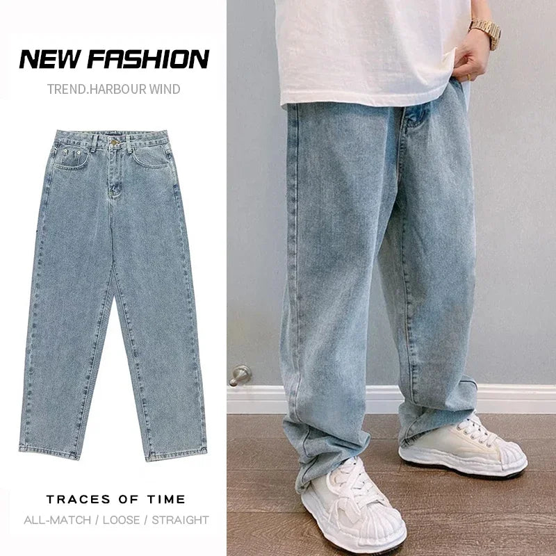 Hip Hop Harajuku Men Baggy Jeans Light Blue Straight Oversize Casual Wide Leg Denim Pants Streetwear Loose Korean Trousers