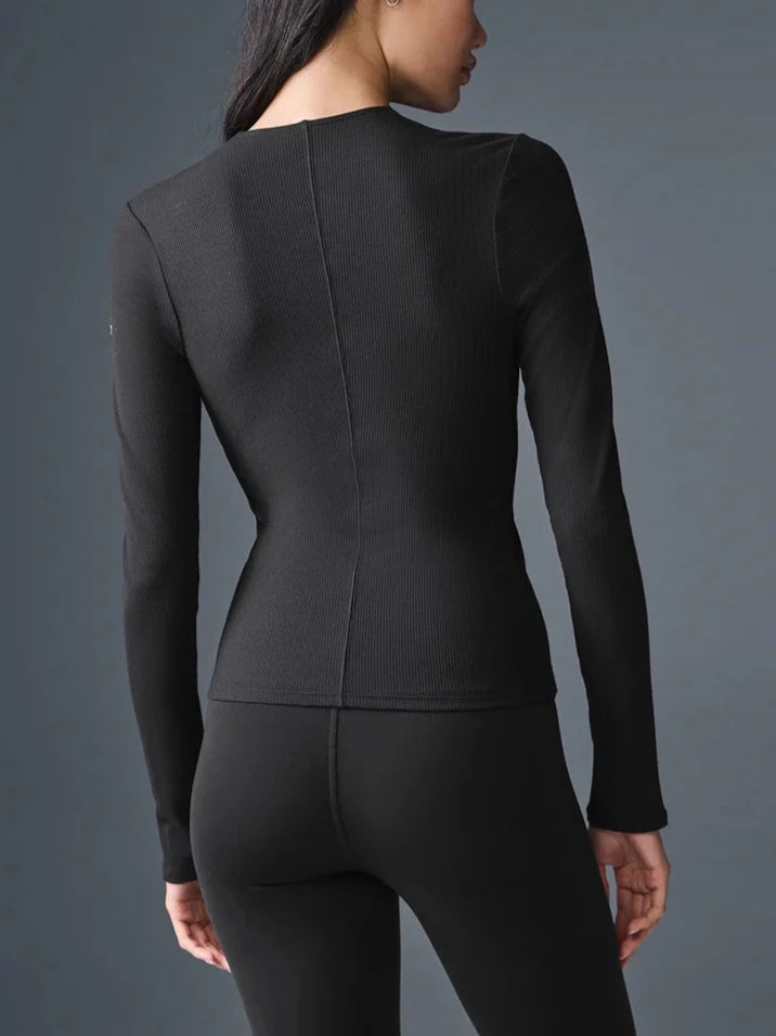 قميص نسائي رياضي خريفي برقبة على شكل حرف V وسحاب مضلع للياقة البدنية غير رسمي متعدد الاستخدامات بأكمام طويلة وقميص يوجا