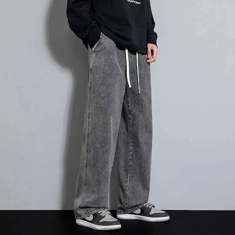 2026New Streetwear Loose Jeans Men Korean Style Fashion Loose Straight Wide Leg Pants Men's Brand Clothing Black Light Blue