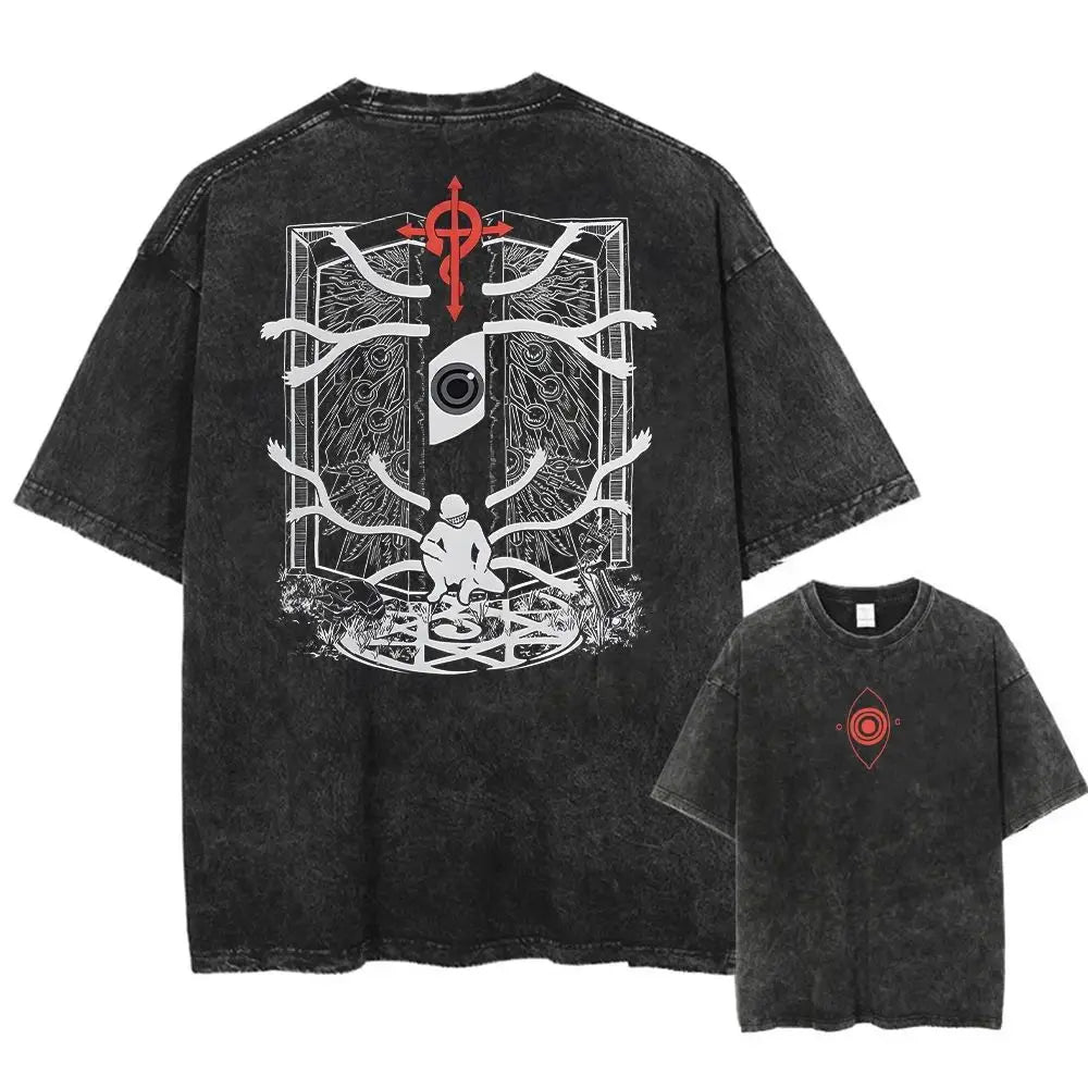 تي شيرت هاراجوكو عتيق بأكمام قصيرة مطبوع عليه رسوم متحركة يابانية، تي شيرت كاجوال رجالي كبير الحجم، تي شيرت للجنسين