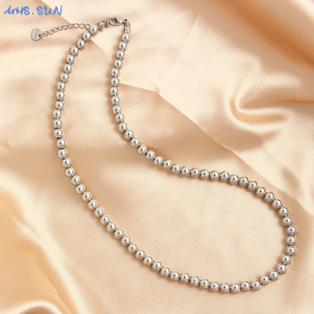 MHS.SUN Fashion Stainless Steel Gold Color Ball Beaded Pearl Necklace 4/6/8/10MM Metal Beads Adjustable Jewelry for Women Men