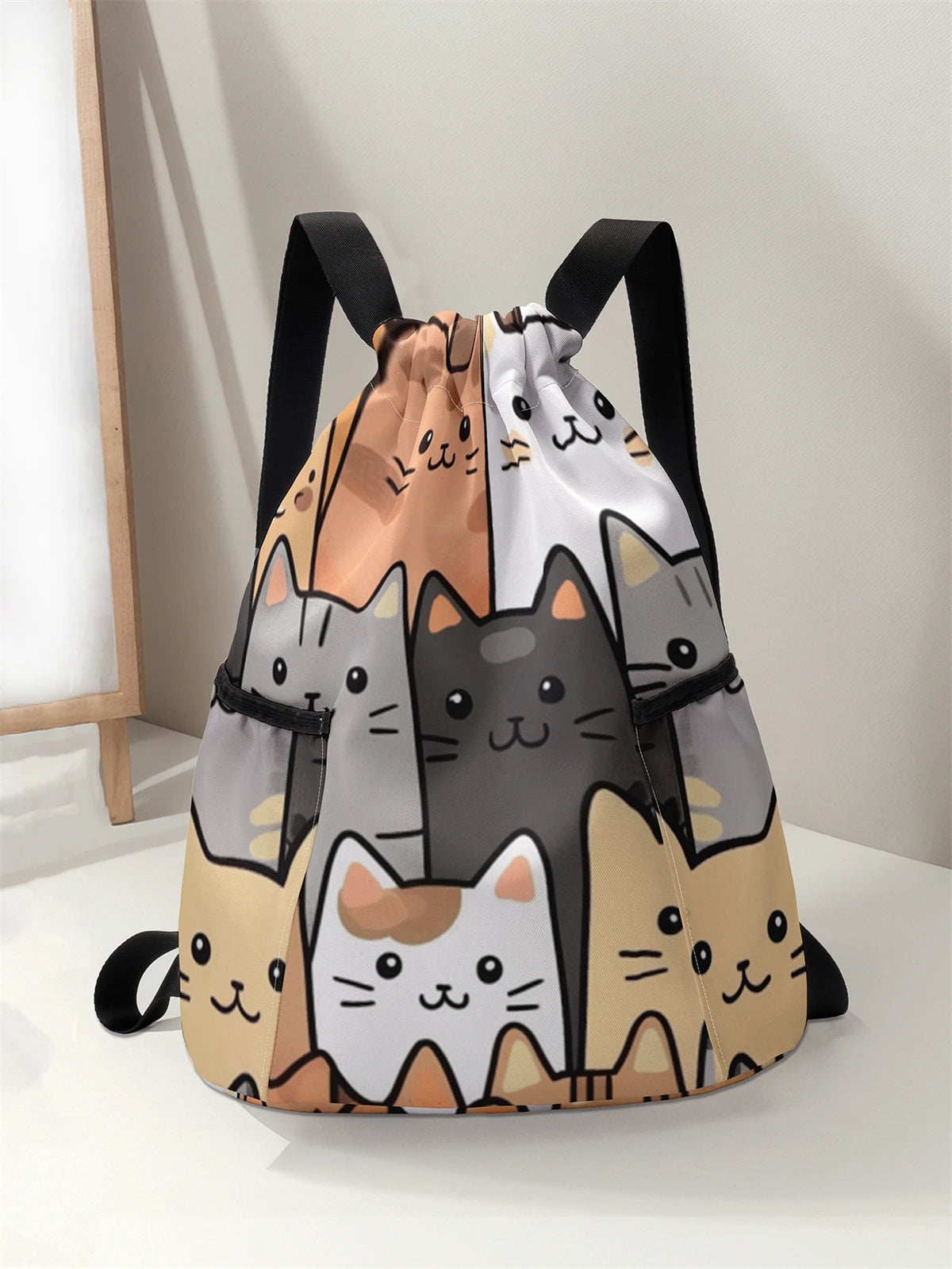 حقيبة ظهر برباط مطبوع عليها نمط قطة لطيفة - حقيبة لياقة بدنية متينة بسعة كبيرة، حقيبة ظهر رياضية للشاطئ