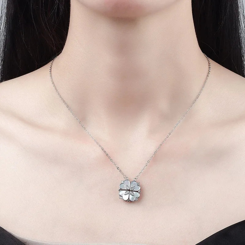 قلادات رومانسية على شكل زهرة البرسيم ذات الأربع أوراق للنساء، قلادة على شكل قلب حب مرصعة بالزركونيا المكعبة، مصنوعة من الفولاذ المقاوم للصدأ، مجوهرات