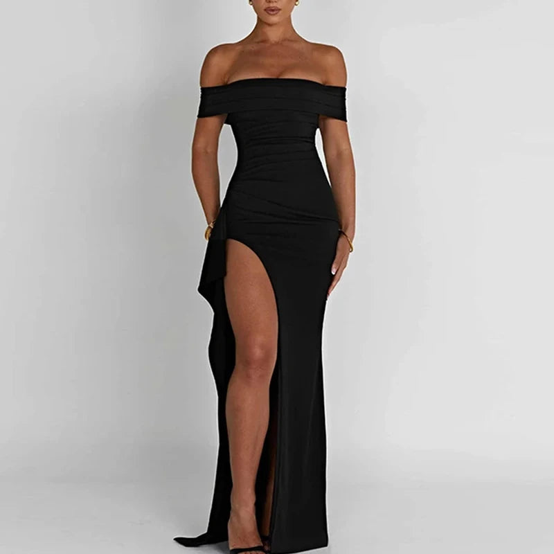 Women Backless Slash Neck Party Dress Sleeveless Split Dress Elegant Black Long Dresses New Fashion Summer 5963