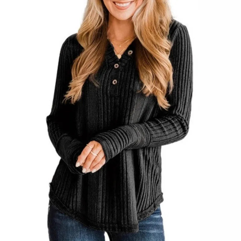 Fall Winter New Fashion Women's Knitted Shirt V-Neck Ribbed Knit Top for Women Buttons and Roll-Up Sleeves Y2k Clothing