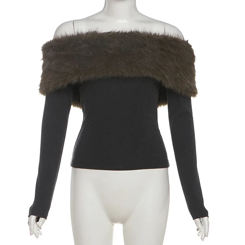 تي شيرتات SylCue خريفية جديدة للنساء، مرقعة بالفرو، رقبة مائلة، بدون ظهر، أكمام طويلة، موضة الشارع، قمم كلاسيكية جذابة