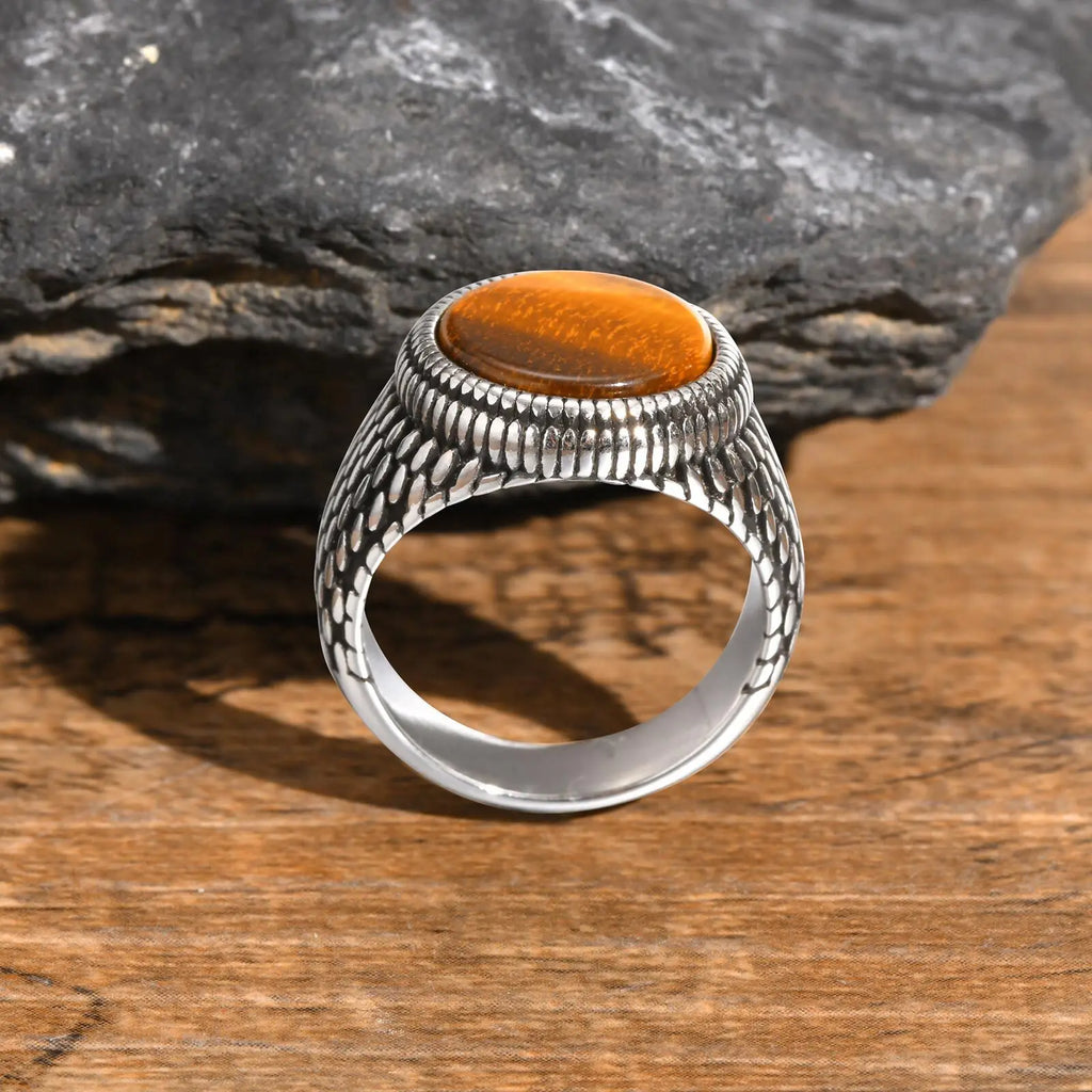 خاتم فينوكس ذو ملمس حراشف التنين للرجال، خاتم إصبع علوي مرصع بحجر عين النمر المستدير، خاتم ختم من الفولاذ المقاوم للصدأ مرصع بحجر كريم أسود