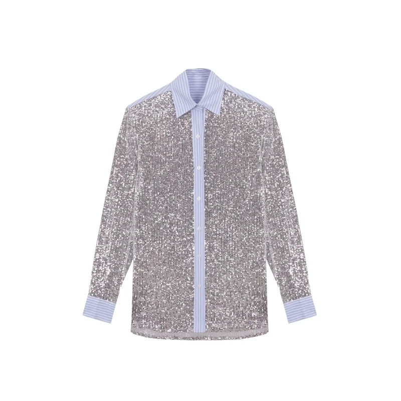 طقم مكون من قطعتين من السراويل الفضفاضة المرصعة بالترتر للنساء، قميص بأكمام طويلة وبنطلون أنيق للنساء، طقم مكون من قطعتين من السراويل الطويلة