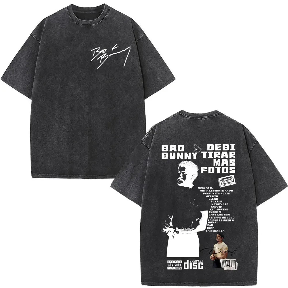 ألبوم Bad Bunny كبير الحجم المغسول Debi Tirar Mas Fotos DTMF تي شيرت جرافيكي للرجال والنساء تي شيرت عتيق ملابس الهيب هوب والشارع