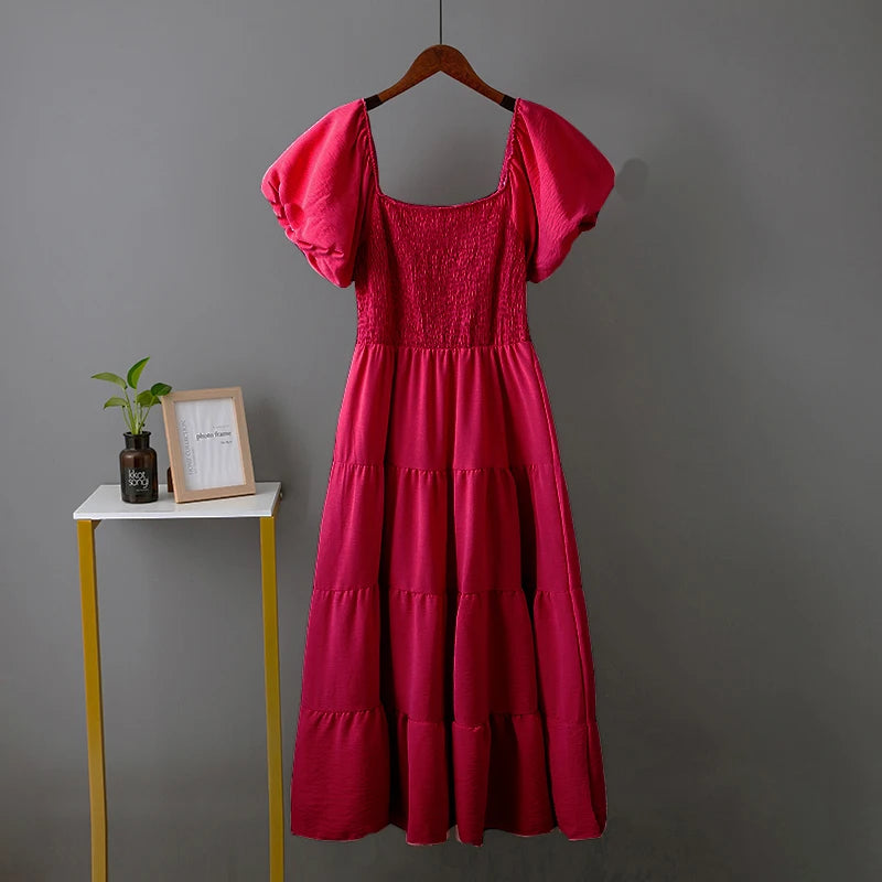 Elegant Solid Long Dresses Summer New Sexy Backless Slash Neck Elastic Dress Women High Waist Puff Sleeve Maxi Dress Elegant