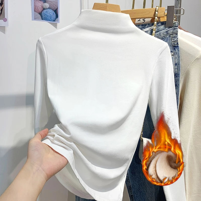 تي شيرتات نسائية كورية بأكمام طويلة وياقة مدورة موديل 2025، تي شيرتات كورية بسيطة بطبقة أساسية، تي شيرتات خريف وشتاء كاجوال، تي شيرتات دافئة من الصوف المخملي الأساسي النحيف