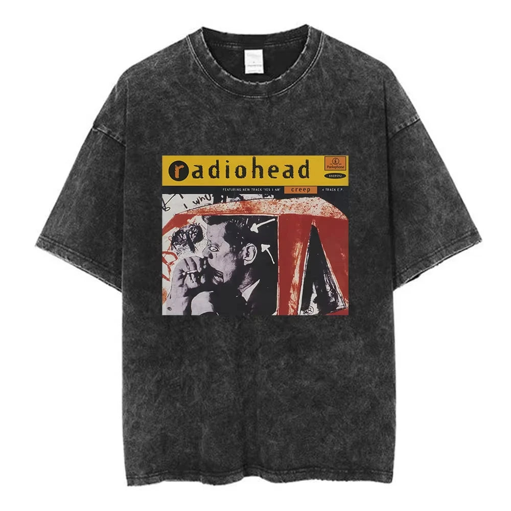 تي شيرت Radiohead Rock Band OK Computer Vintage Washed للرجال والنساء تي شيرتات هيب هوب عصرية 100% قطن تي شيرتات كاجوال ملابس الشارع