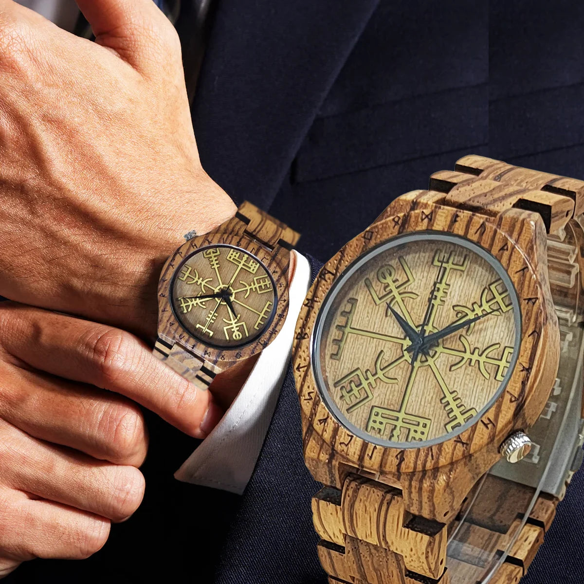 ساعات يد خشبية للرجال برمز الفايكنج، هدية شخصية للذكرى السنوية للزوج والرجل، ساعات يد خشبية كوارتز