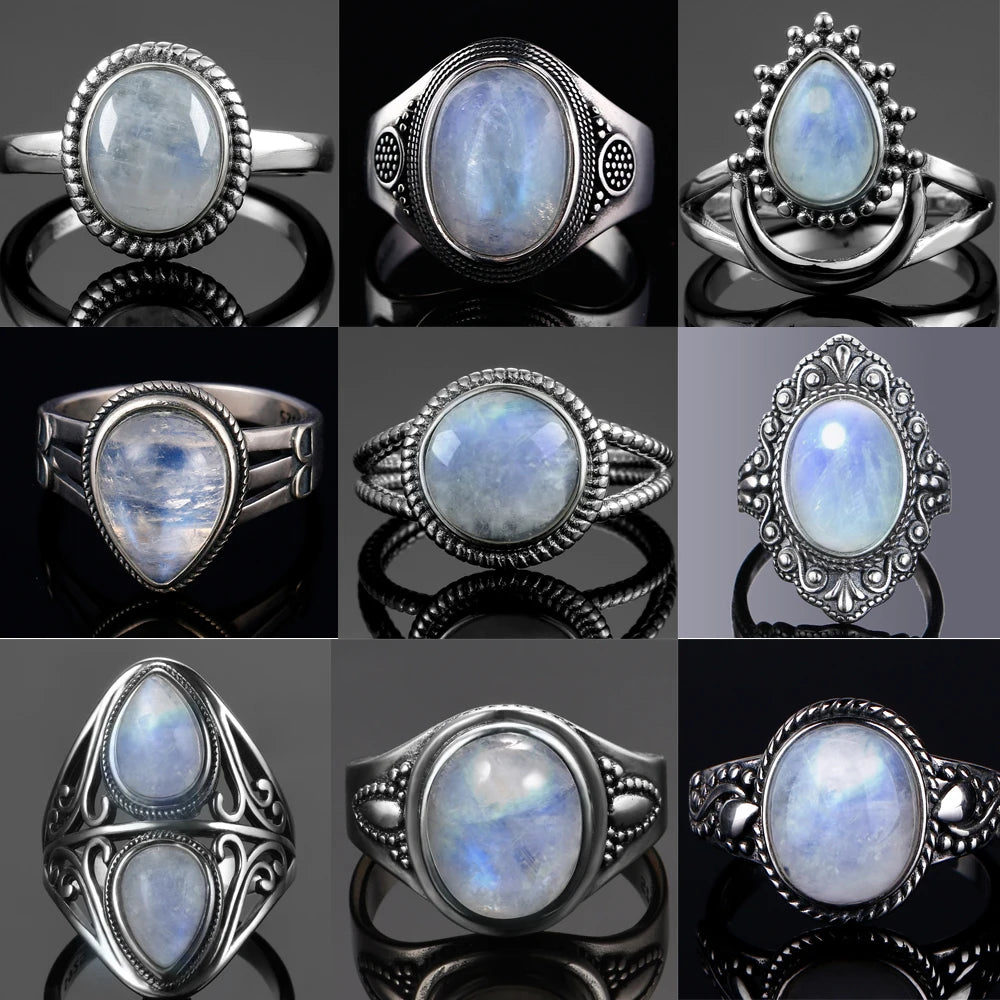 Round Oval Big Natural Moonstones Rings Women's S925 Silver Rings Gifts Vintage Fine Jewelry