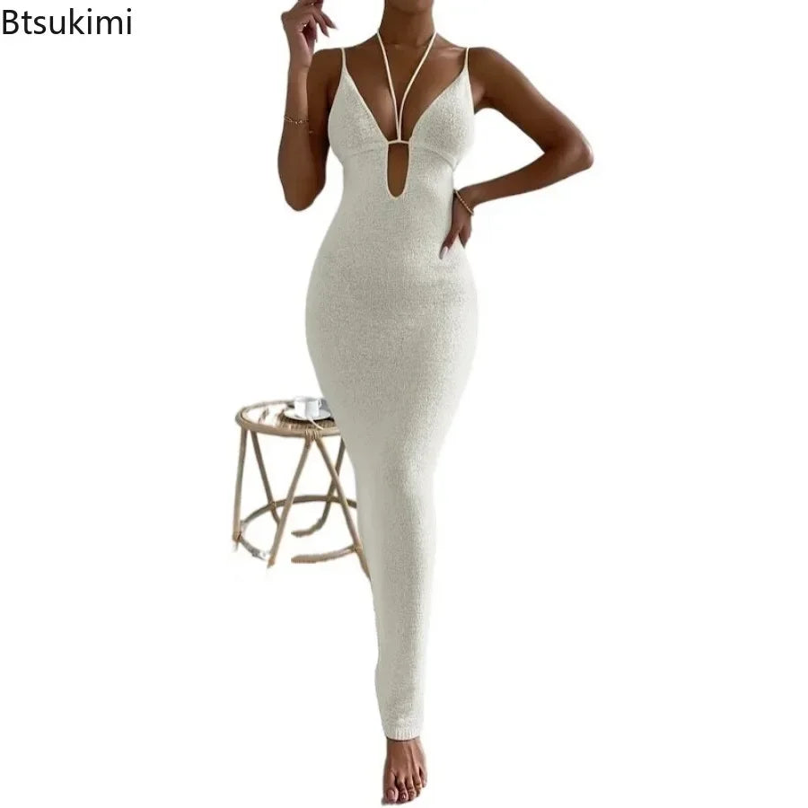 2025 Women's Summer Sexy Halter Dress Solid Color Tie-Up Backless Sleeveless Bodycon Long Knit Dress For Beach Party Vestidos