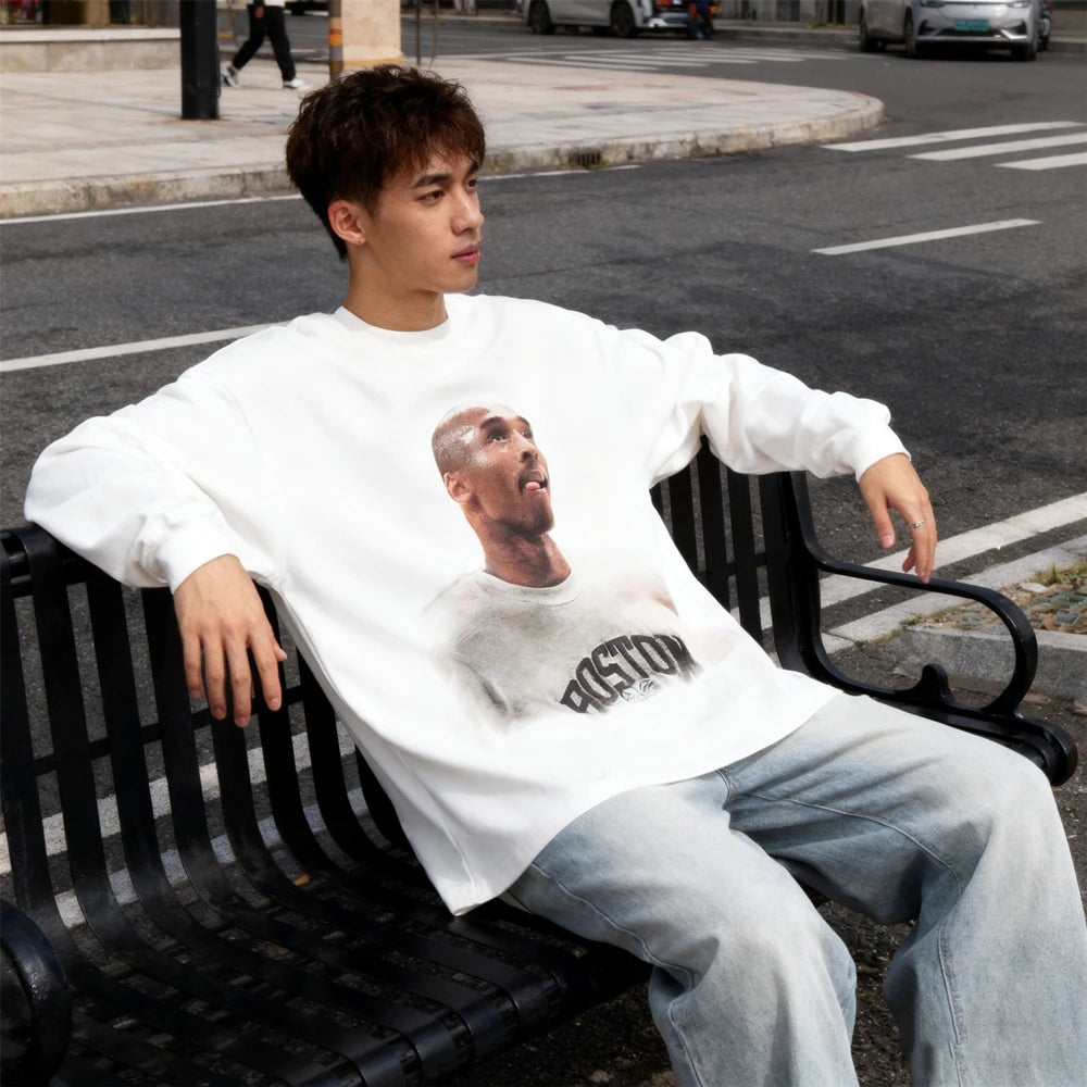 تي شيرت KUCLUT ذو جودة عالية مطبوع عليه رسومات BIG FACE بأكمام طويلة ومقاس كبير، تي شيرت فضفاض للرجال والنساء مصنوع من القطن بنسبة 100%